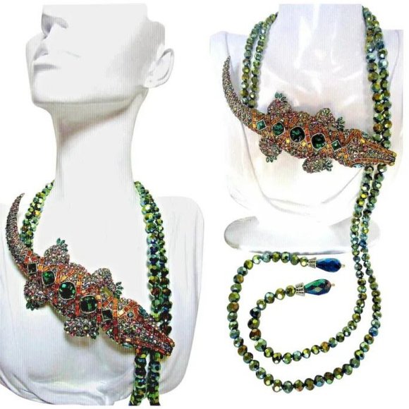 Signed Heidi Daus Alligator Rhinestone Necklace Long Glass Beads New Without Tag - Picture 1 of 5